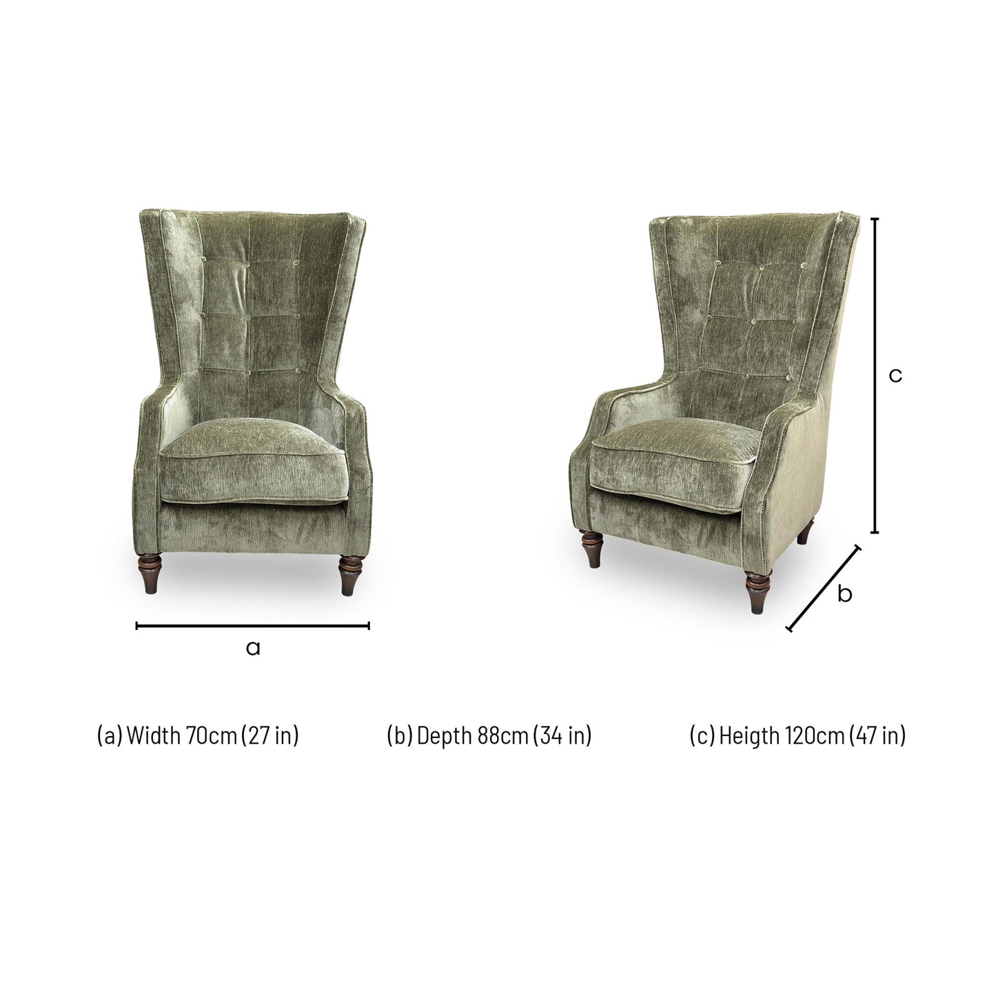 Dimensions for the ‘Garland’ California Olive Green LW FT Chenille High Back Plain Accent Chair.