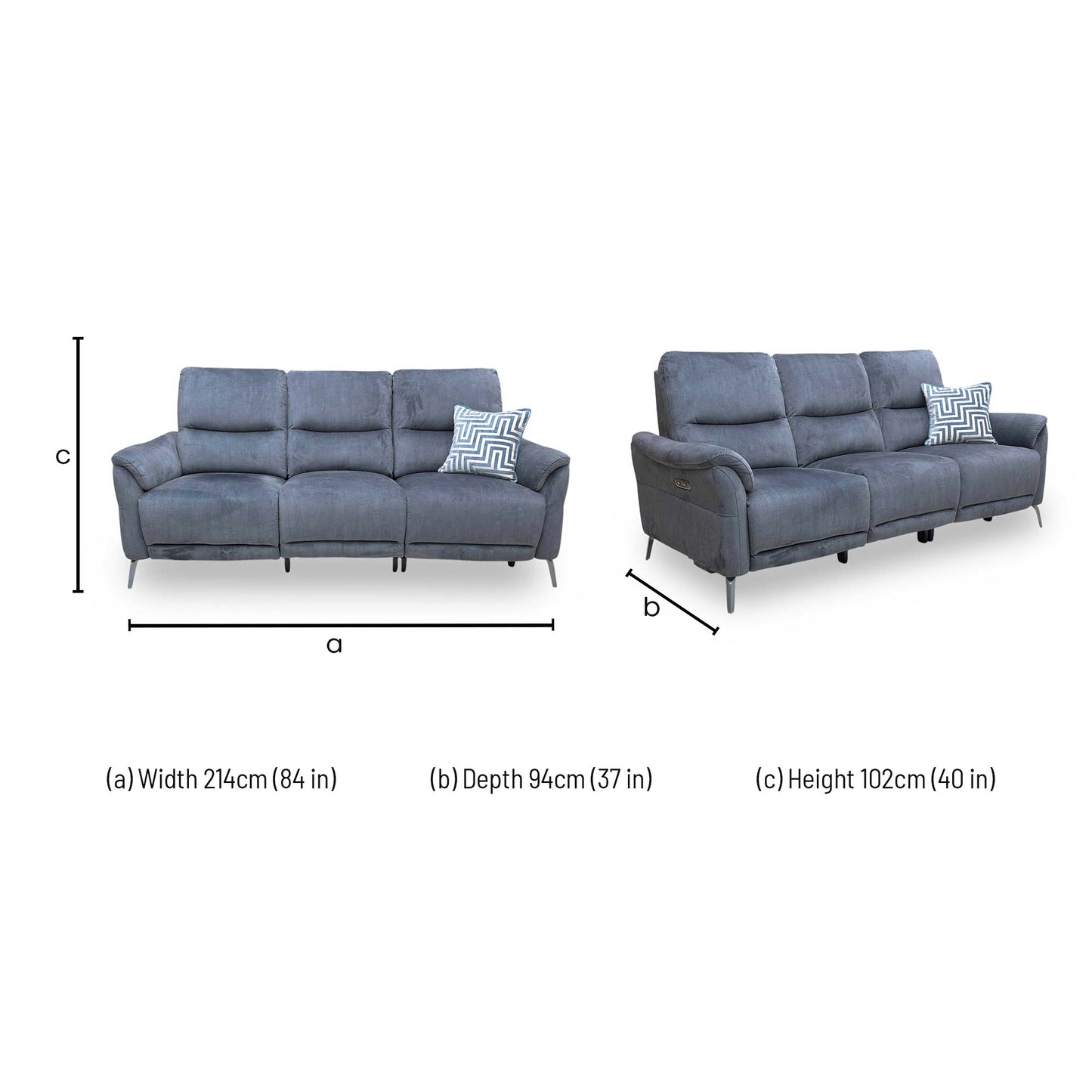 ‘Daytona’ Heritage Granite Velvet 3 Seater Power Recliner Sofa with Drinks Holder and Built-in Bluetooth Speaker