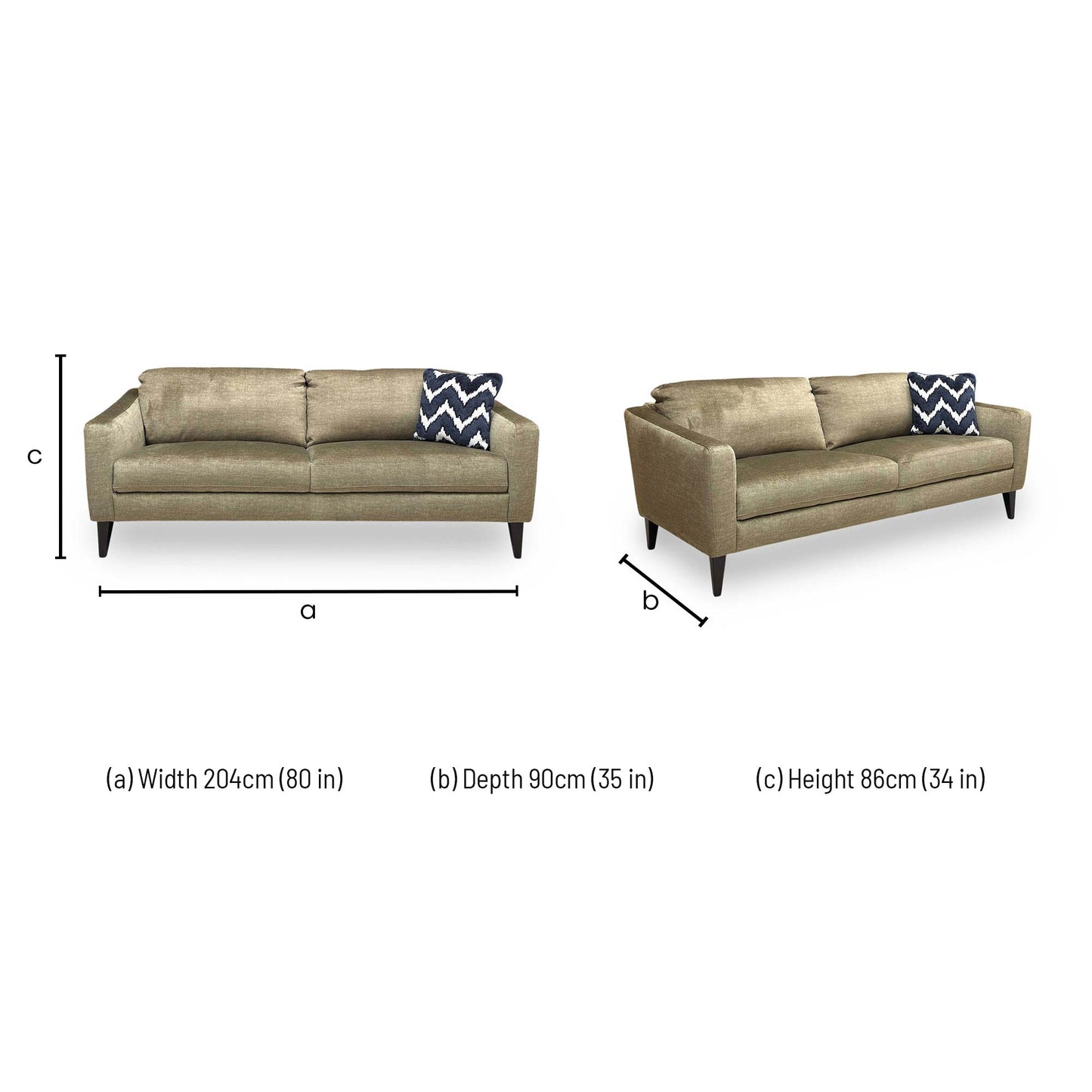 Dimensions for the ‘Oslo’ Vogue Olive Green Velvet 3 Seater Sofa.