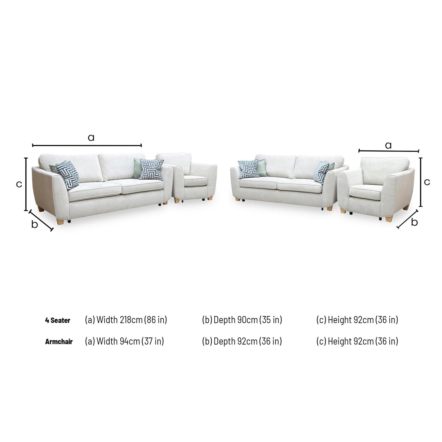 Dimensions for the ‘Orlby’ Silver Plaza Linen Fabric 4 Seater Sofa and Chair Set.