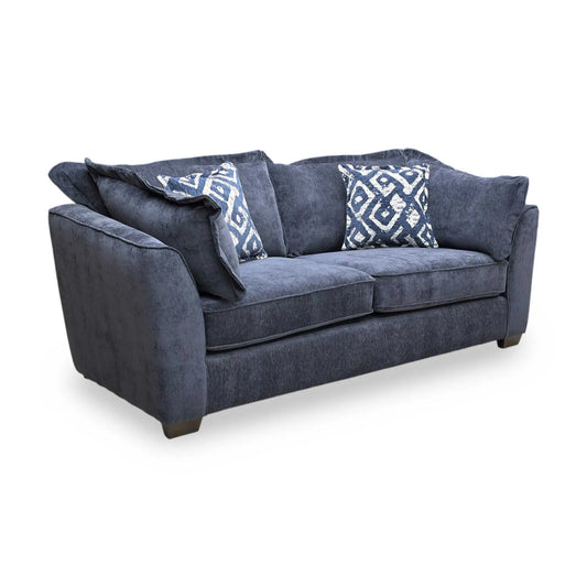 Full view of the ‘Finchley’ 3-seater classic back sofa in Denim Blue Derwent soft weave fabric, featuring a timeless silhouette with deep-seated cushions and elegant scrolled arms.