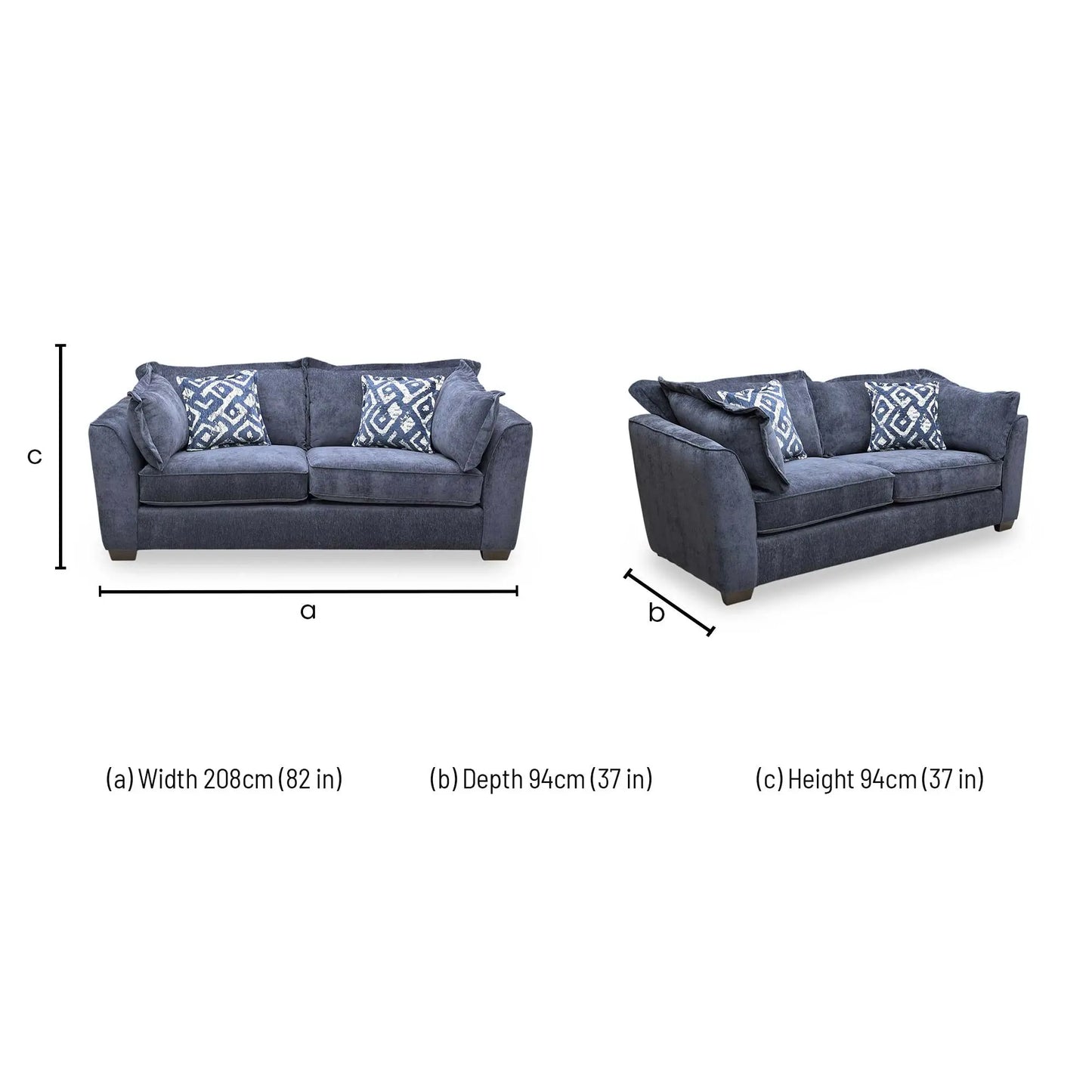 Technical dimensions blueprint and living room space planning floor footprint schematic for the ‘Finchley’ Denim Blue Derwent Soft Weave Fabric Classic Back 3 and 2-Seater Sofa Set.