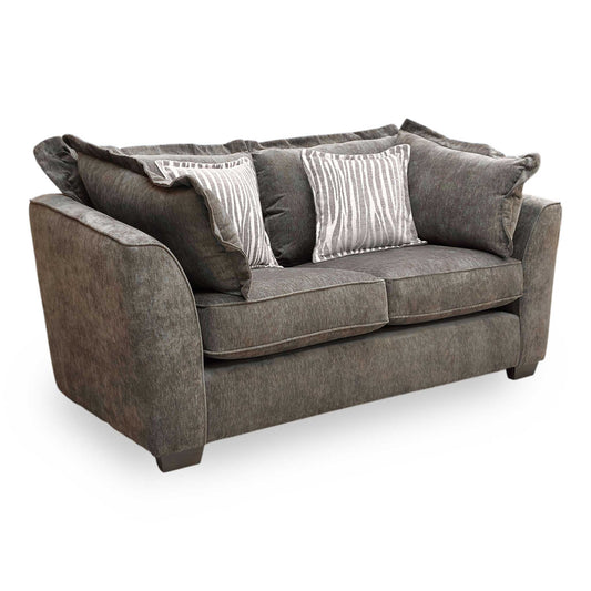 Full view of the ‘Finchley’ 2-seater classic back sofa in Moleskin Brown chenille fabric, featuring a compact, timeless design with deep-filled cushions and elegant scrolled arms.