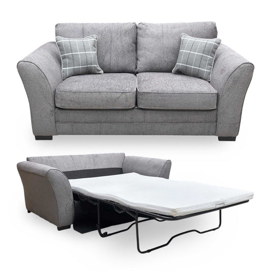 Full view of the ‘Sophie’ 2-seater sofa bed in Sultan Dark Grey woven fabric, featuring a compact contemporary design with clean lines and plush back cushions.
