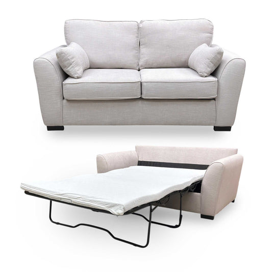 Full view Roma Pewter Grey Linen Fabric 2 Seater Sofa Bed featuring a contemporary design with padded armrests and plush seat cushions.