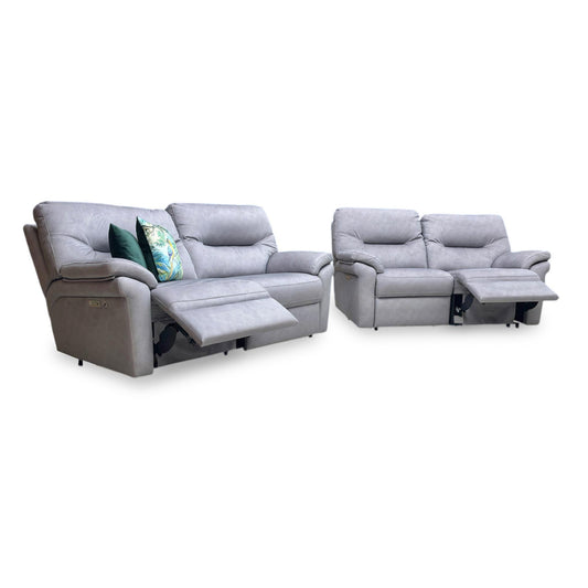 Full view of G Plan Seattle A124 sofa set in Stingray charcoal grey velvet, including a 3-seater and 2.5-seater power recliner with integrated heated seats.