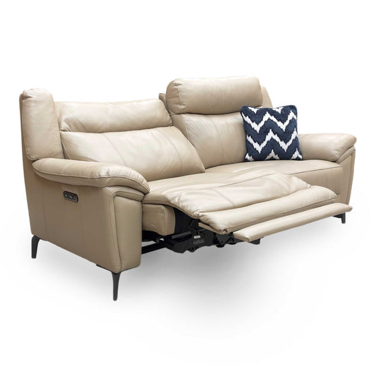Full view of Furniture Village ‘Panache’ 3 Seater Power Recliner Sofa upholstered in luxurious Cream Barley Cat-60:06 leather.