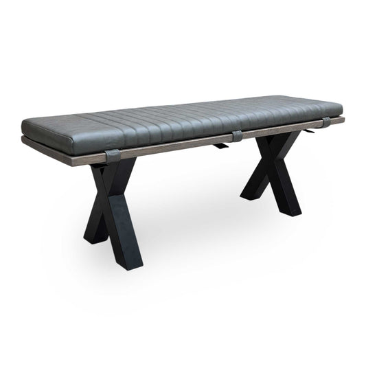 Full view of Bodahl 'Loki' 8 dining bench crafted from solid oak with a vintage grey finish and a coordinating grey fabric bench pad.