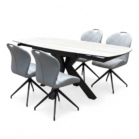 ‘Raul’ Travertine Ceramic Top 120cm Swivel Extending Dining Table with Stone Grey Fabric Set of 4 Swivel Dining Chairs