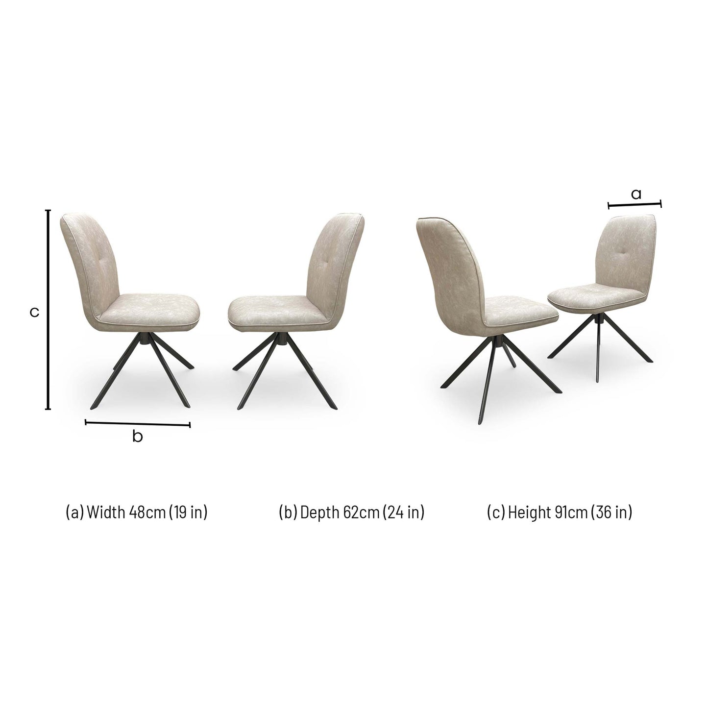Dimensions diagram of swivel chairs: Width 48cm, Depth 62cm, Height 91cm.