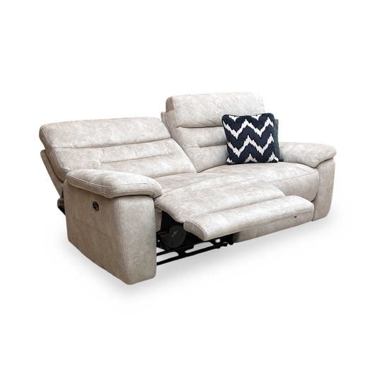 Full view of Comfort Story ‘Nimbus’ 3-seater power recliner sofa in cream velvet, featuring a contemporary design with generous curves and plush cushioning.