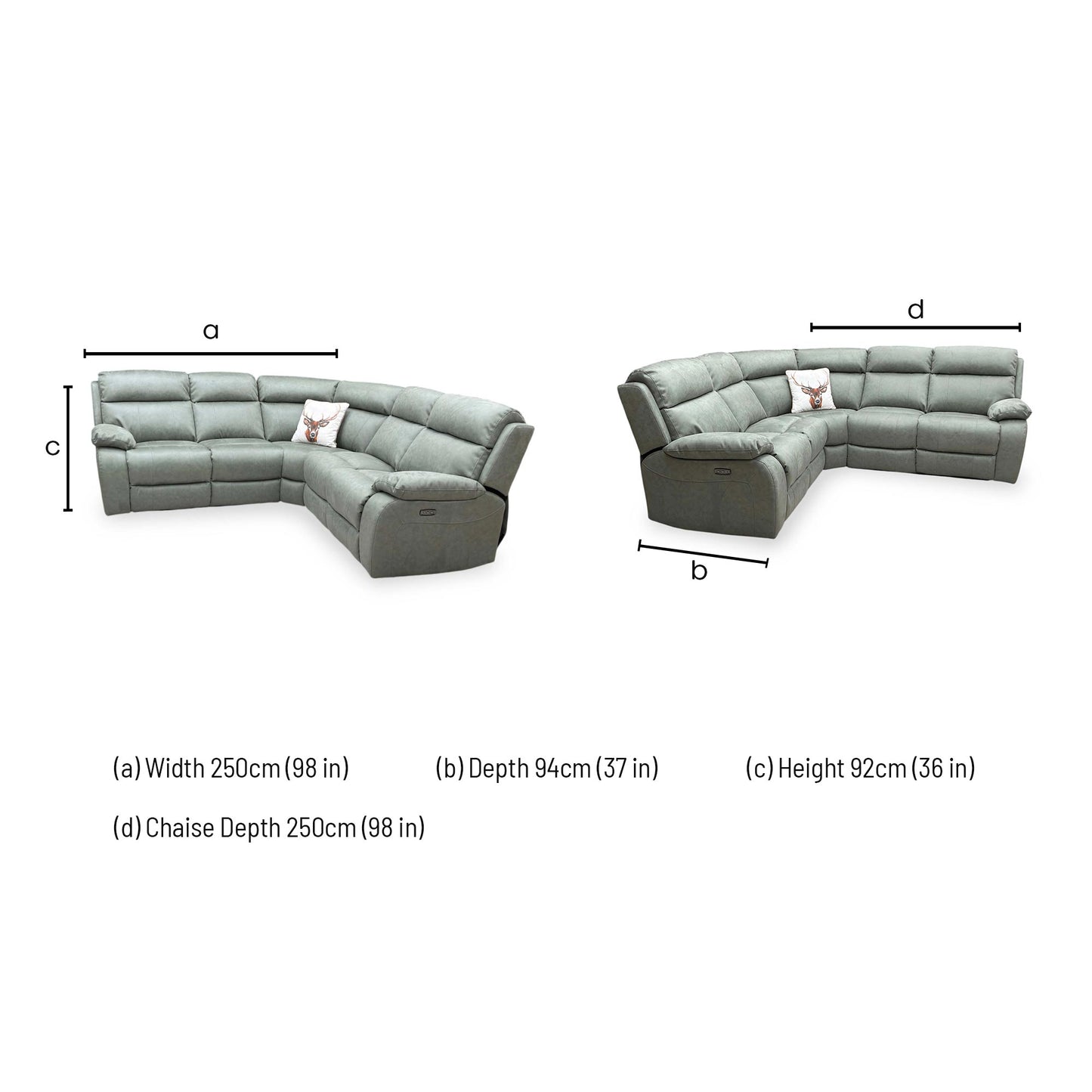 Technical dimension diagram for the ‘Moreno’ Olive Green 2-Corner-2 Power Recliner Sofa