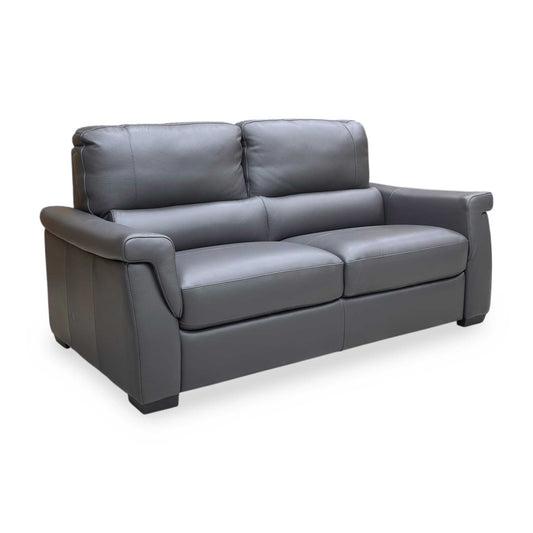 Full view of the Furniture Village ‘Amore’ 3-seater sofa in Medium Grey Cat-50 leather, featuring a contemporary design with sleek lines and generous seating for three.