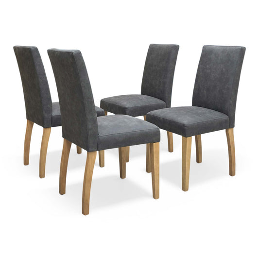 Full view of furniture Village ‘Augusta’ set of 4 upholstered dining chairs in Grey Cowboy nubuck-look fabric with rubberwood legs.