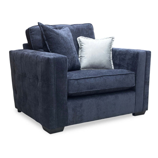 Full view of Thornbrook ‘Chelsea’ love chair in Derwent denim blue chenille fabric, featuring a classic back and a spacious seat design.