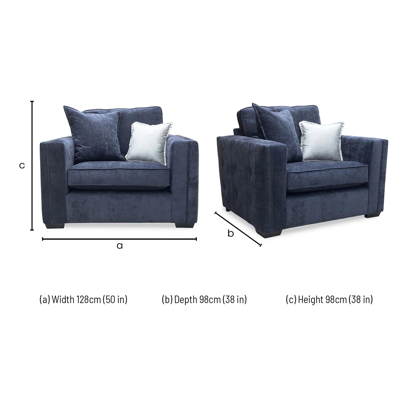 Technical dimension diagram for the Chelsea love chair.