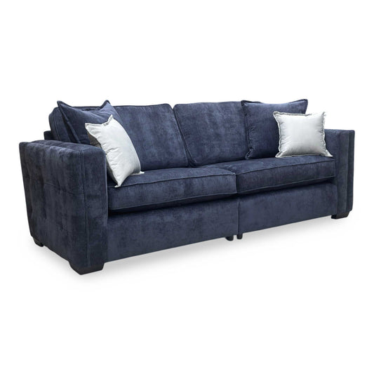 Full view of Thornbrook ‘Chelsea’ 4-seater split frame sofa in Derwent denim blue chenille fabric with a classic back.