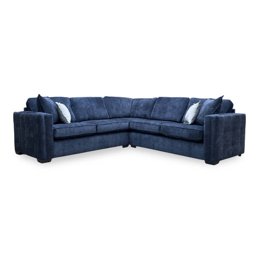 Full view of Thornbrook ‘Chelsea’ 2-corner-2 symmetrical corner sofa in Derwent denim blue chenille fabric with a classic back.