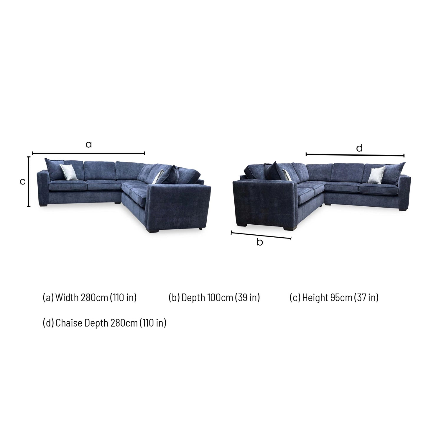 Technical dimension drawing for the Chelsea symmetrical corner sofa.
