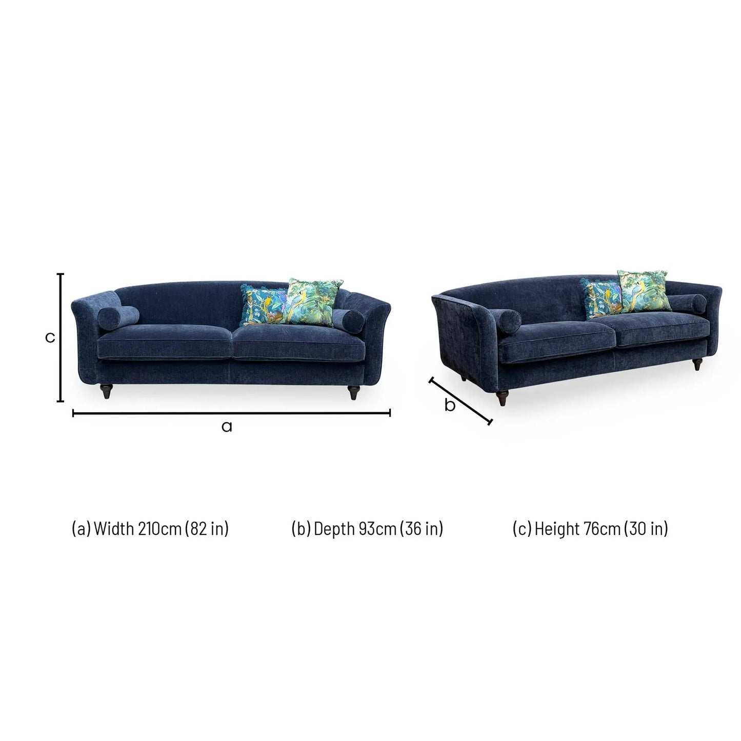 Technical dimensions blueprint and living room space planning floor footprint schematic for the ‘Dame’ Navy Blue Dame Plain Fabric 4 and 4-Seater Sofa Set with Bolster Cushions.