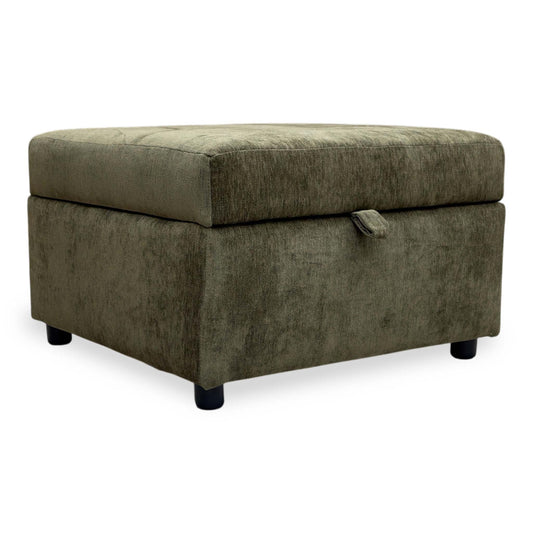 Full view of The ‘Harvey’ Olive Green Derwent Soft Weave Fabric Storage Footstool, combining a stylish footrest with a practical storage solution.