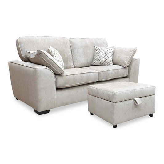 Harvey truffle soft weave fabric 3 seater sofa with the storage footstool to the right and geometric scatter cushions
