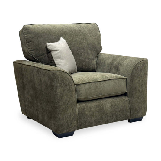 Front view of the Thornbrook 'Harvey' armchair, upholstered in Olive Green Derwent soft weave fabric with a compact, modern silhouette