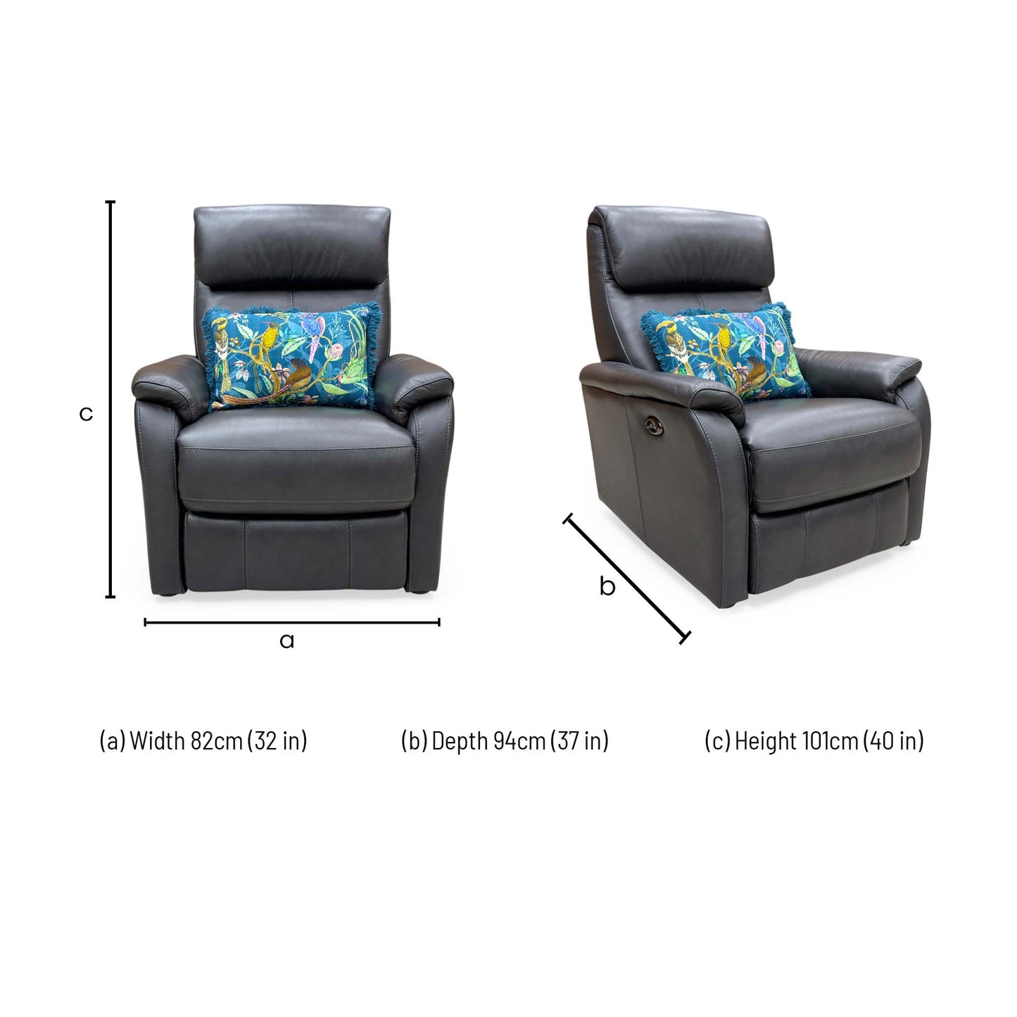 Dimension diagram for the World of Leather Rowan Carbon Grey leather swivel rocker power recliner armchair.