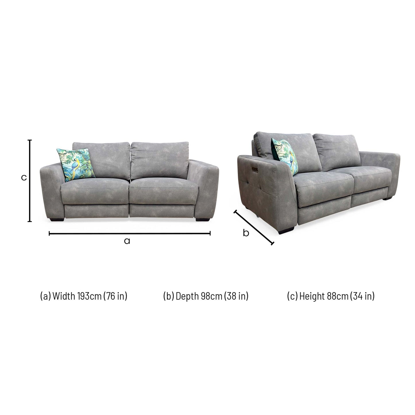 Dimension diagram for the Dinky Dexter Mocha Velvet 3 Seater Power Recliner Sofa.