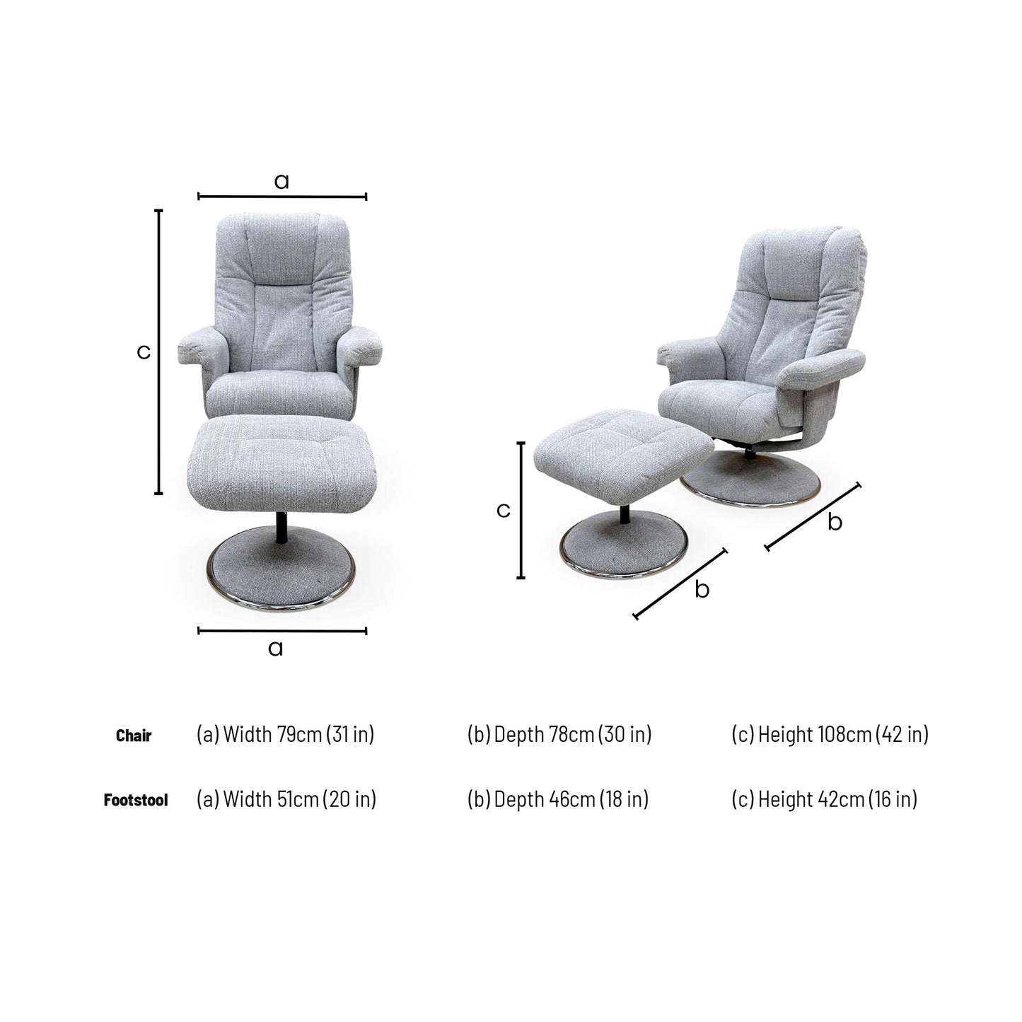 Dimension diagram for the Troyes Chacha Dove fabric high-back swivel chair and footstool.