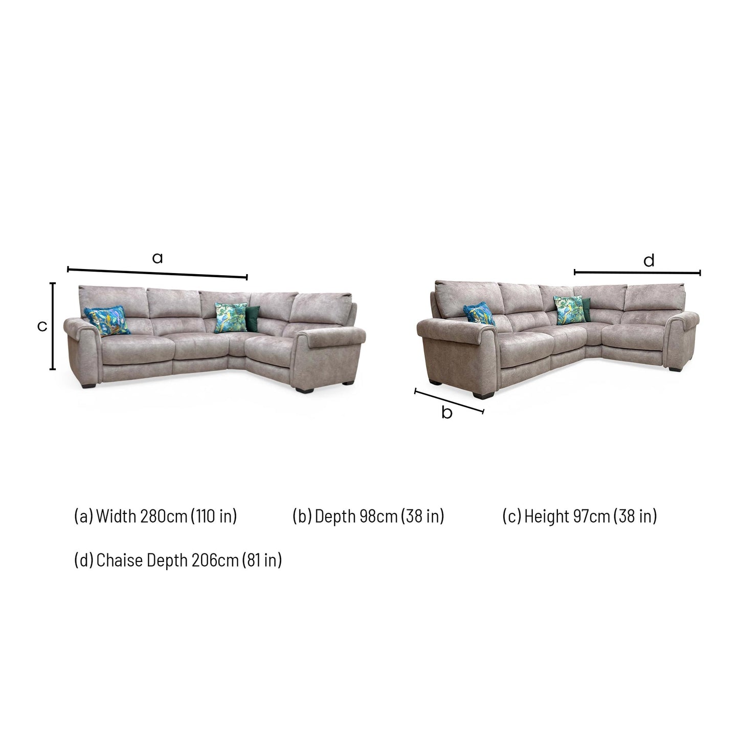 Dimension diagram for the Nixon Mink Velvet Right Hand Facing Power Recliner Corner Sofa.