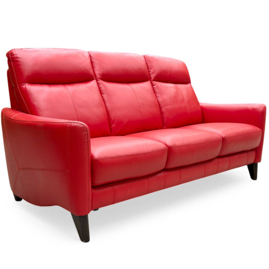 Full view of world of Leather Compact Collection 'Petit' 3-seater sofa in bold pure red leather.