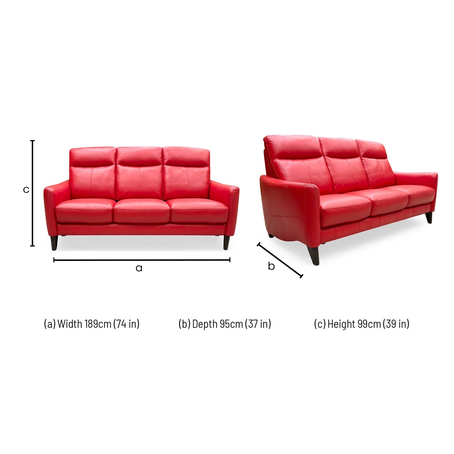 Dimension diagram for the World of Leather Compact Collection 'Petit' 3-seater sofa.