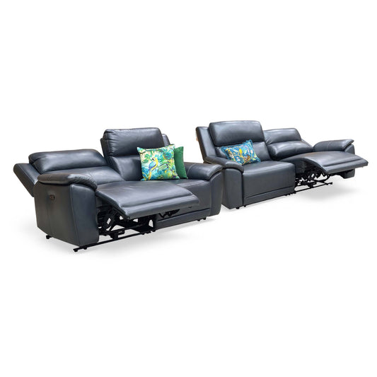 ‘Utah’ Natural Milled Navy Blue La-4828 Leather 3 + 3 Seater Sofa Power Recliner with Power Headrests and Power Lumbar