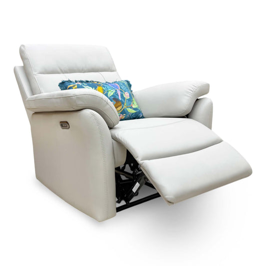 Full view of the Sally power recliner chair in light grey leather, featuring a high supportive back and padded armrests.
