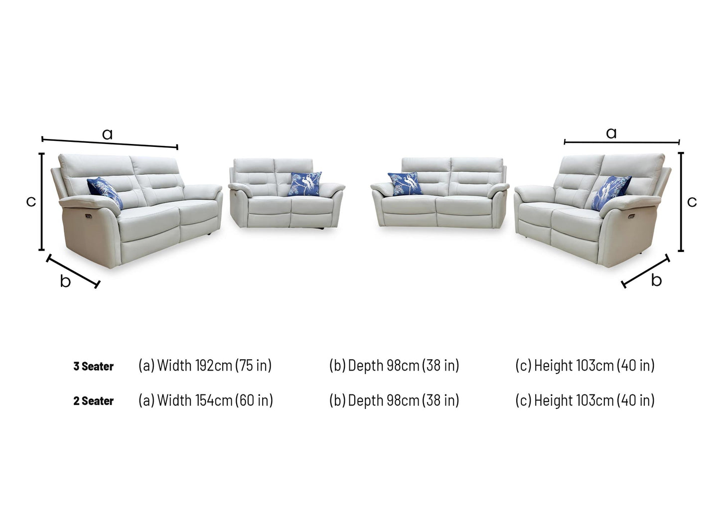 Dimensional technical drawing for the Sally set: 3-seater (192cm x 98cm x 103cm) and 2-seater (154cm x 98cm x 103cm).