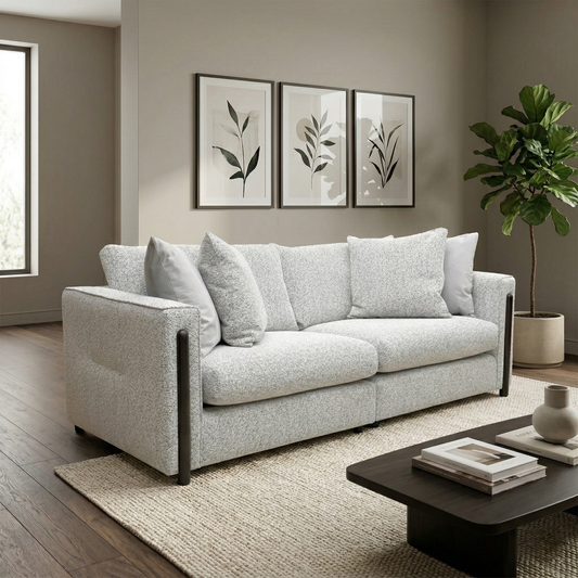Living room view for the Barney 4-seater sofa, highlighting the premium Silver Zara fabric, split-frame construction, and traditional silhouette.
