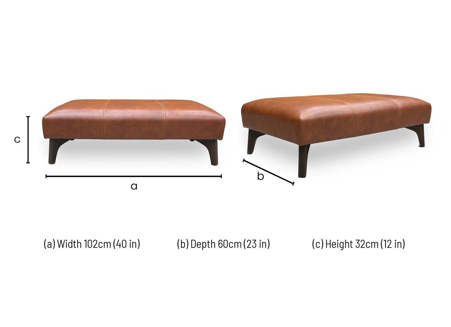 Technical dimension diagram for the ‘Iris’ Turino Tan Brown Leather Bench Footstool: Width 118cm, Depth 60cm, Height 40cm.