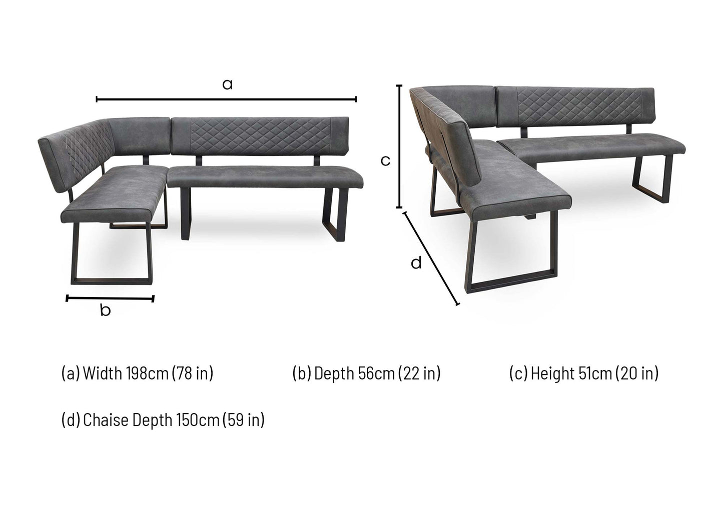 Technical dimension diagram for the ‘Warrior’ Grey Fabric Left-Hand Facing Corner Dining Bench: Width 212cm x 172cm, Depth 60cm, Height 84cm.