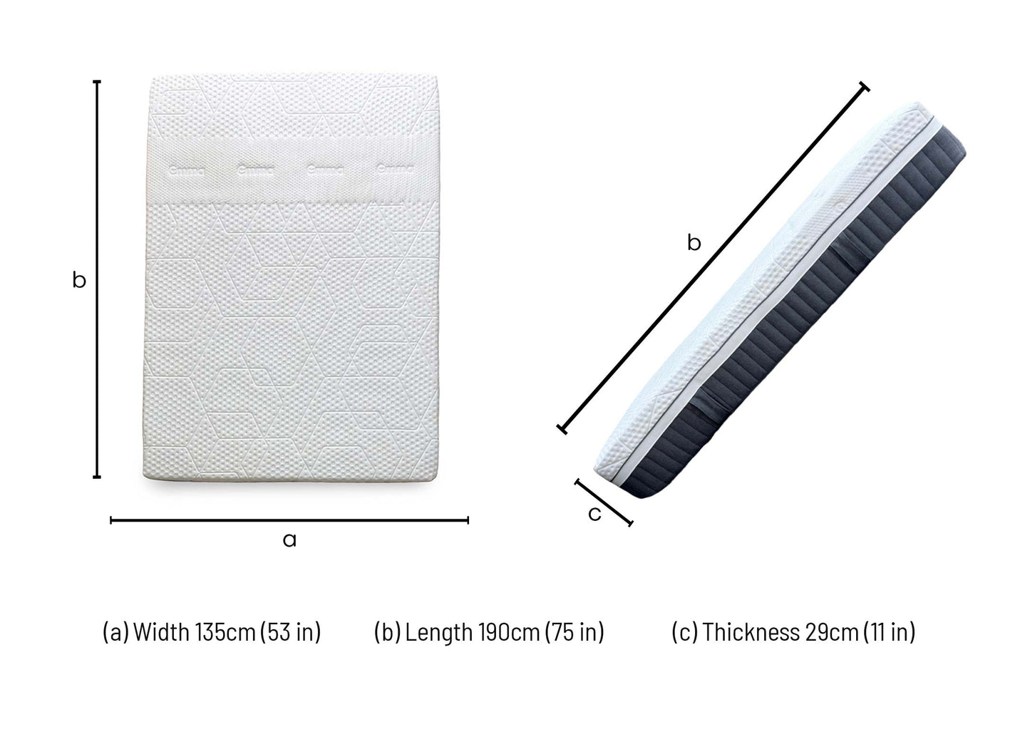 Technical dimension diagram for the ‘Emma Diamond Deluxe Hybrid’ Mattress (Double): Width 135cm, Length 190cm, Depth 25cm.