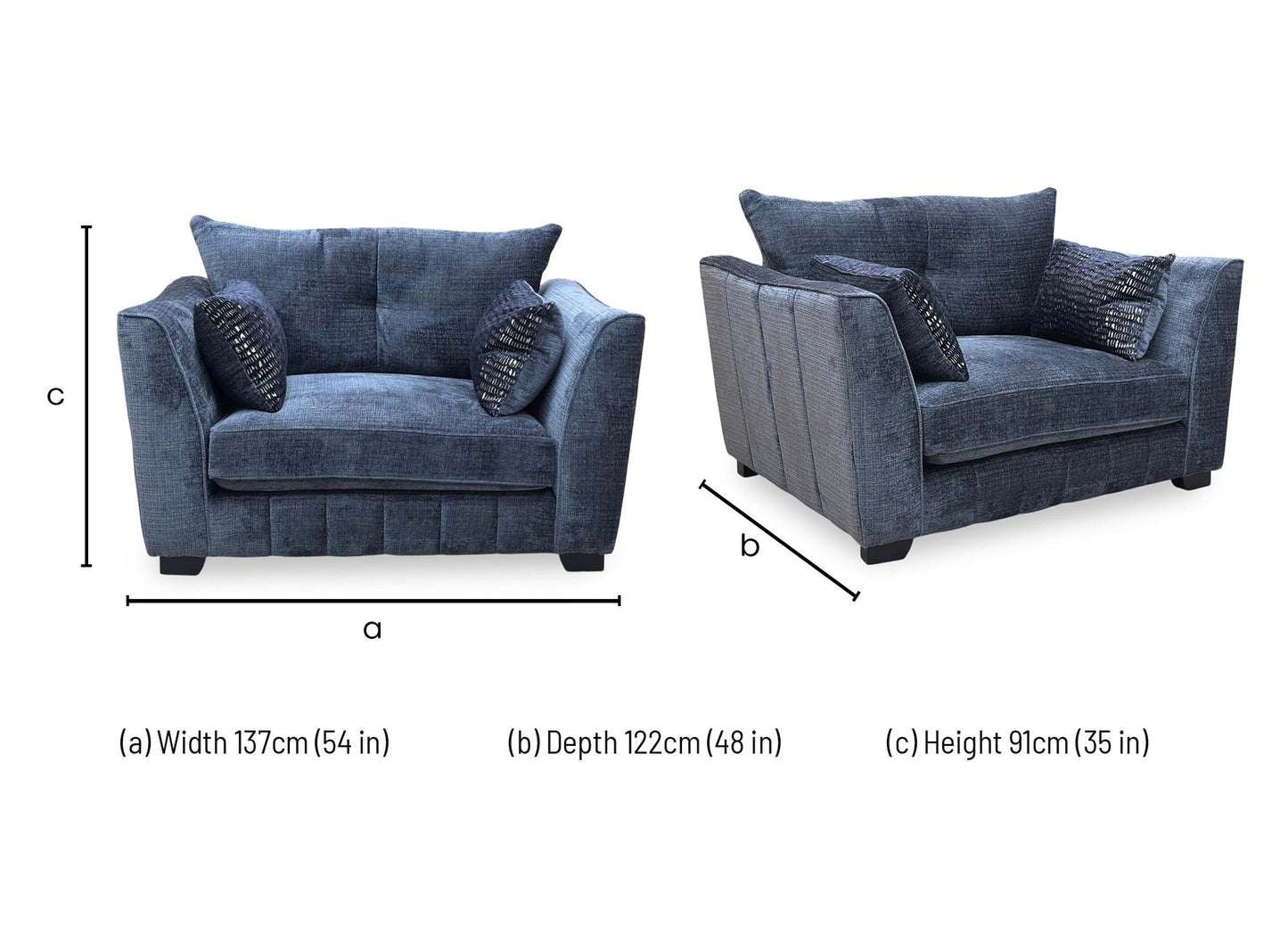 Technical dimension diagram for the ‘Allure’ Coco Indigo Woven Fabric Snuggler Chair: Width 128cm, Depth 101cm, Height 94cm.