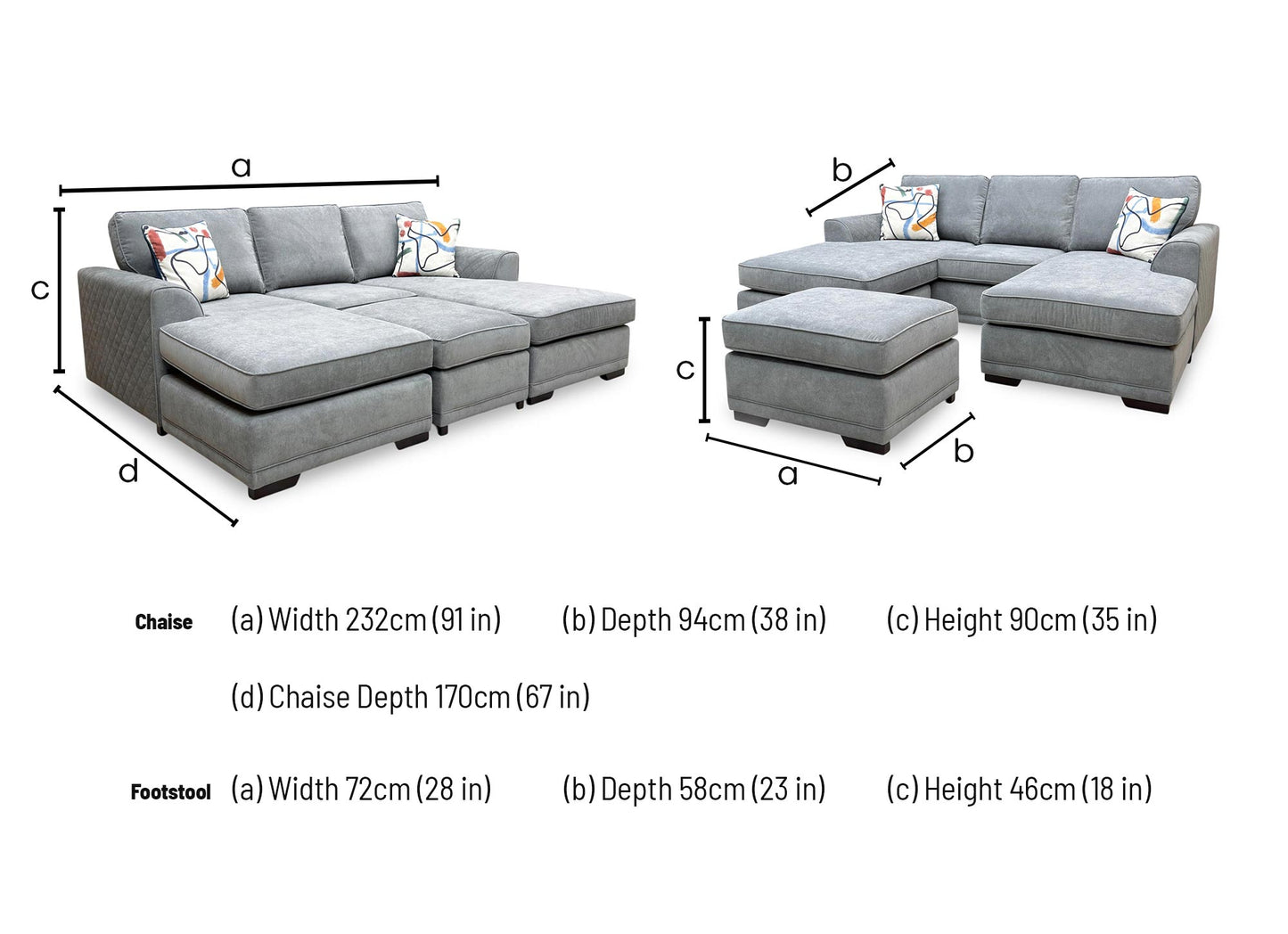 ‘Orka' Graphite Grey Plaza Linen Fabric Quilted Arm Double Ended Chaise Sofa + Small Footstool