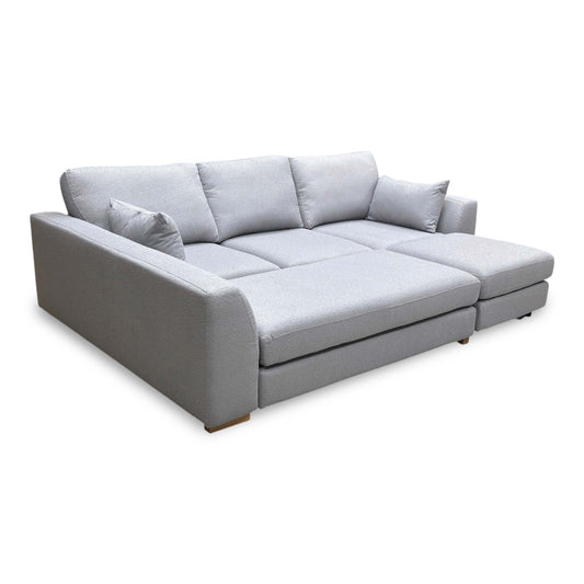 'Calix' Grey Calix Boucle Fabric Left Hand Facing 3 Piece Swivel Sofa Bed Chaise Sofa, angled view showing chaise and modular sections on a white background