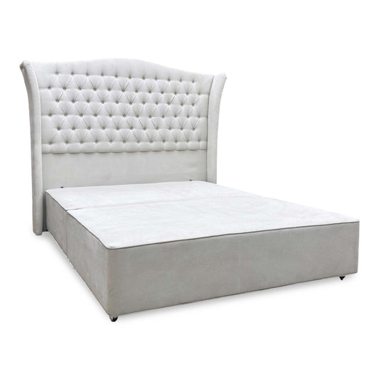 Full View Furniture Village Hypnos ‘Hambleden’ king-size divan bed ensemble, featuring a tall, winged floor-standing headboard and bespoke divan base upholstered in rich Imperio 903 stone grey fabric.