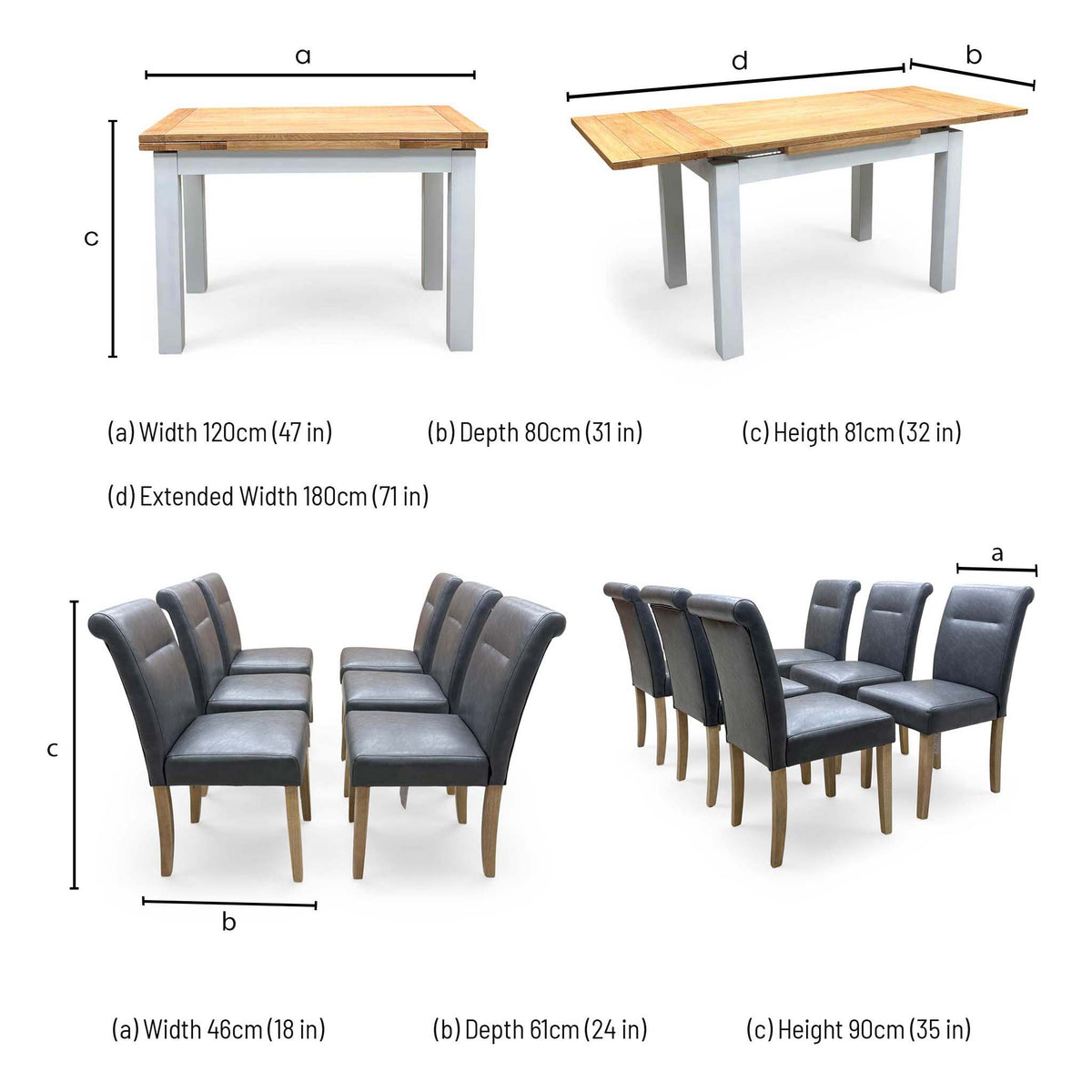 'Lewis' Solid Oak 120cm Large Draw Leaf Extending Dining Table with Dark Grey Faux Leather Roll Back Dining Chairs - Set of 6