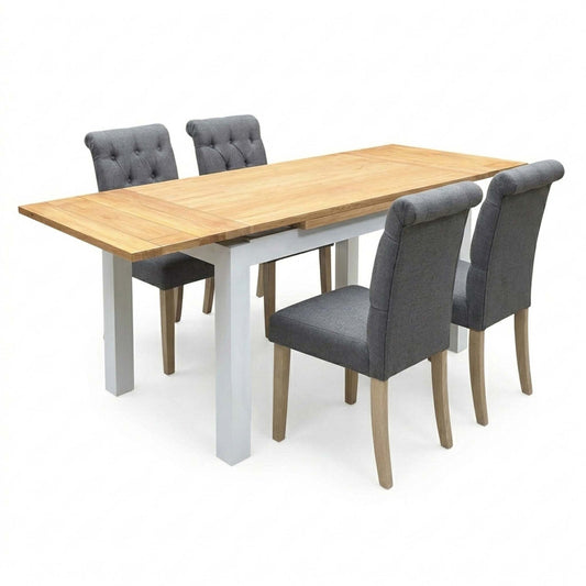 'Lewis' Solid Oak 120cm Large Draw Leaf Extending Dining Table with Anthracite Charcoal Grey Fabric Dining Chairs- Set of 4