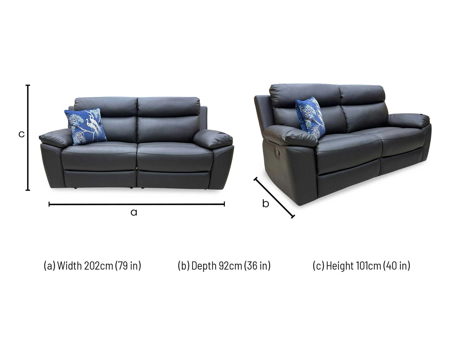 'Edison' Black Faux Leather 3 Seater Manual Recliner Sofa