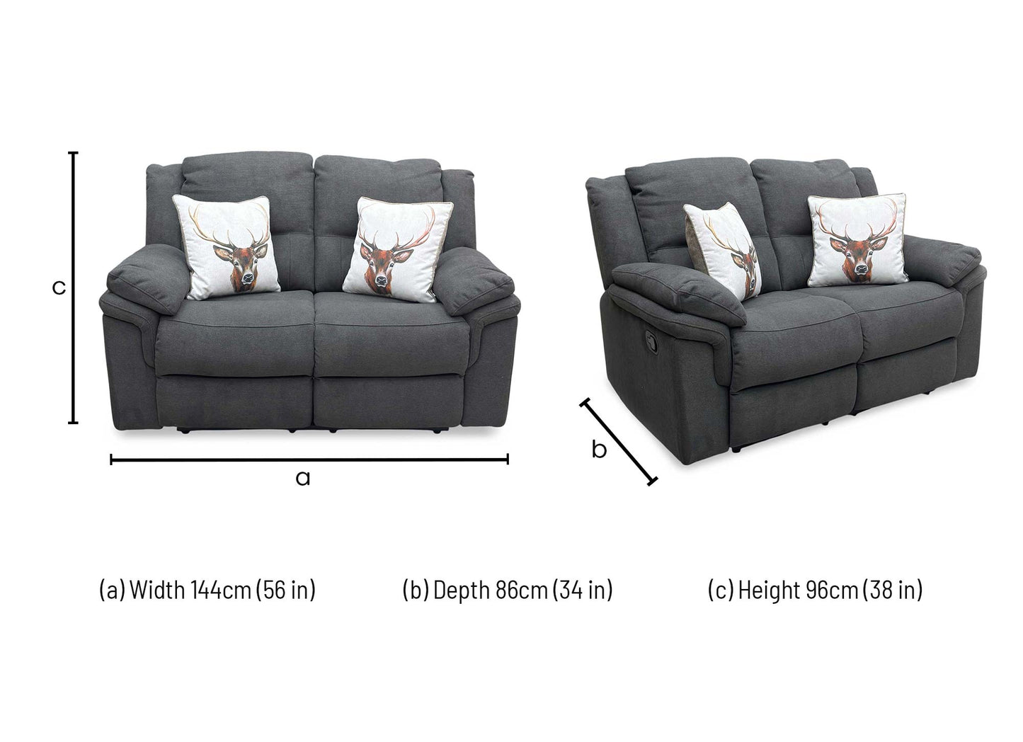 'Albion' Charcoal Fabric 2 Seater Manual Recliner Sofa