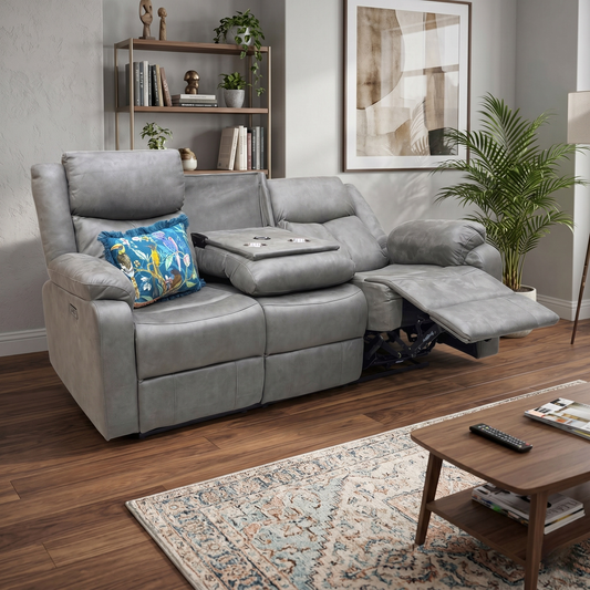'Roma' Steel Suede Fabric Power Recliner 3 Seater Sofa With Drop Down Cup Holders and Wireless Charging