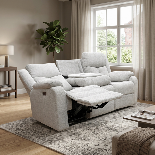 ‘Roma’ Silver Fabric Power Recliner 3 Seater Sofa With Drop Down Cup Holders and Wireless Charging